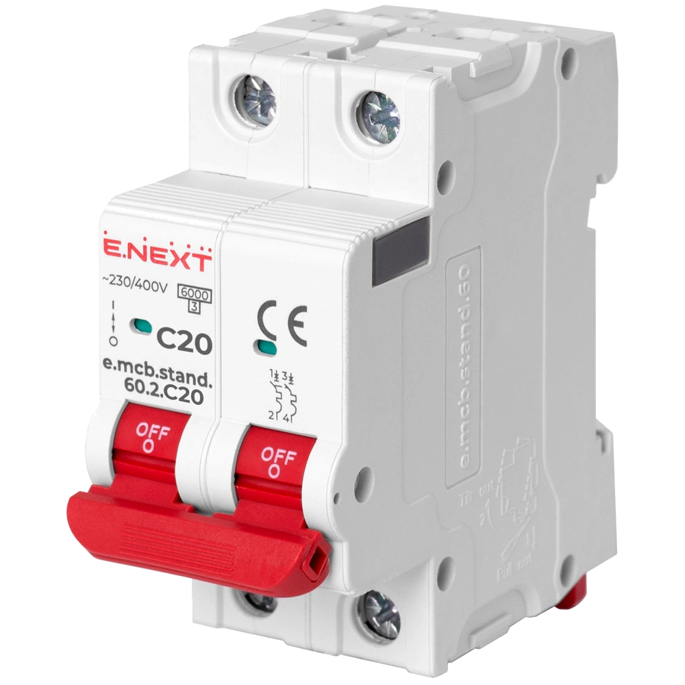 Модульний автоматичний вимикач Enext e.mcb.stand.60.2.C20, 2р, 20А, C, 6кА Модульний автоматичний вимикач Enext e.mcb.stand.60.2.C20, 2р, 20А, C, 6кА