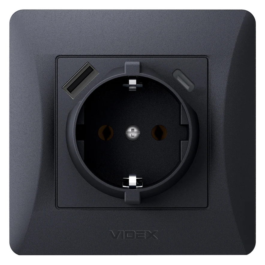 Розетка одинарна із заземленням з USB+USB-C чорний графіт VIDEX BINERA Розетка одинарна із заземленням з USB+USB-C чорний графіт VIDEX BINERA
