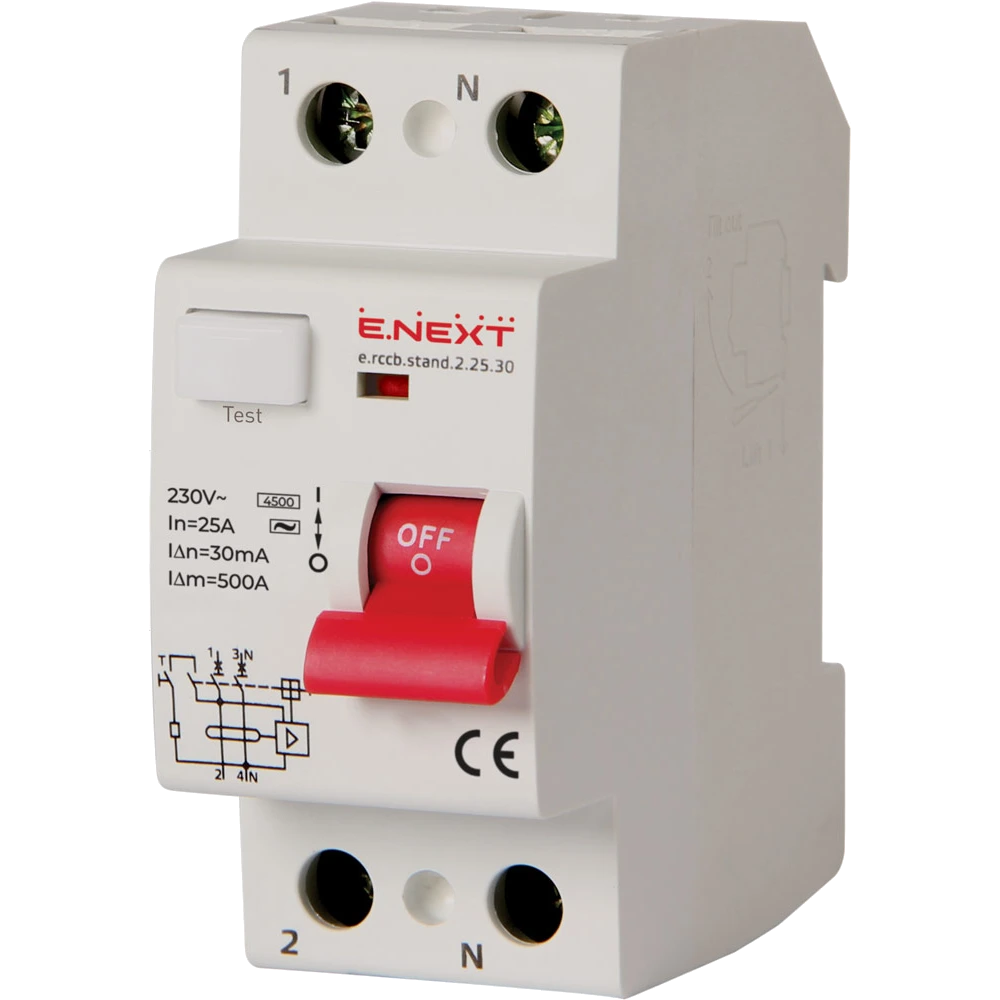 Вимикач диференційного струму Enext e.rccb.stand.2.25.30 2р, 25А, 30mA Вимикач диференційного струму Enext e.rccb.stand.2.25.30 2р, 25А, 30mA