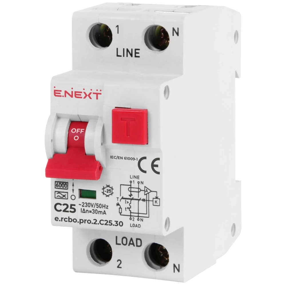 Вимикач диференціального струму із захистом від надструмів Enext e.rcbo.pro.2.C25.30, 1P+N, 25А, С, тип А, 30 Вимикач диференціального струму із захистом від надструмів Enext e.rcbo.pro.2.C25.30, 1P+N, 25А, С, тип А, 30