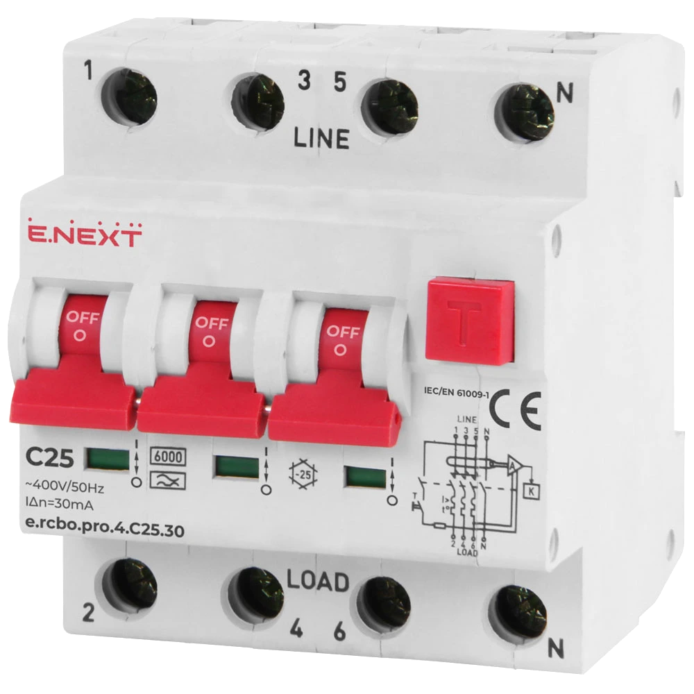 Вимикач диференціального струму із захистом від надструмів Enext e.rcbo.pro.4.C25.30, 3P+N, 25А, С, тип А, 30 Вимикач диференціального струму із захистом від надструмів Enext e.rcbo.pro.4.C25.30, 3P+N, 25А, С, тип А, 30