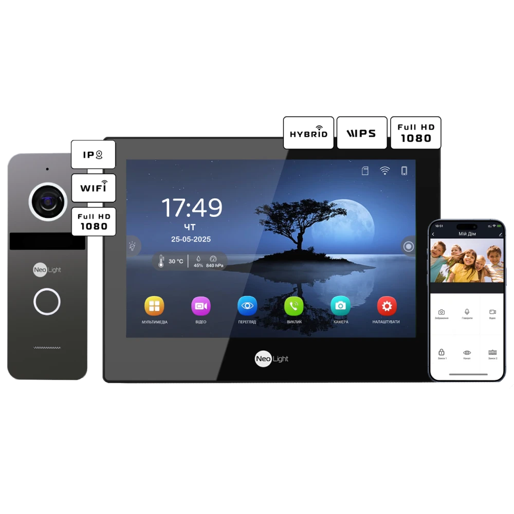 Комплект відеодомофону Neolight ALPHA Hybrid Black + SOLO IPW Graphite с уголком, PoE адаптер для вызовной панели