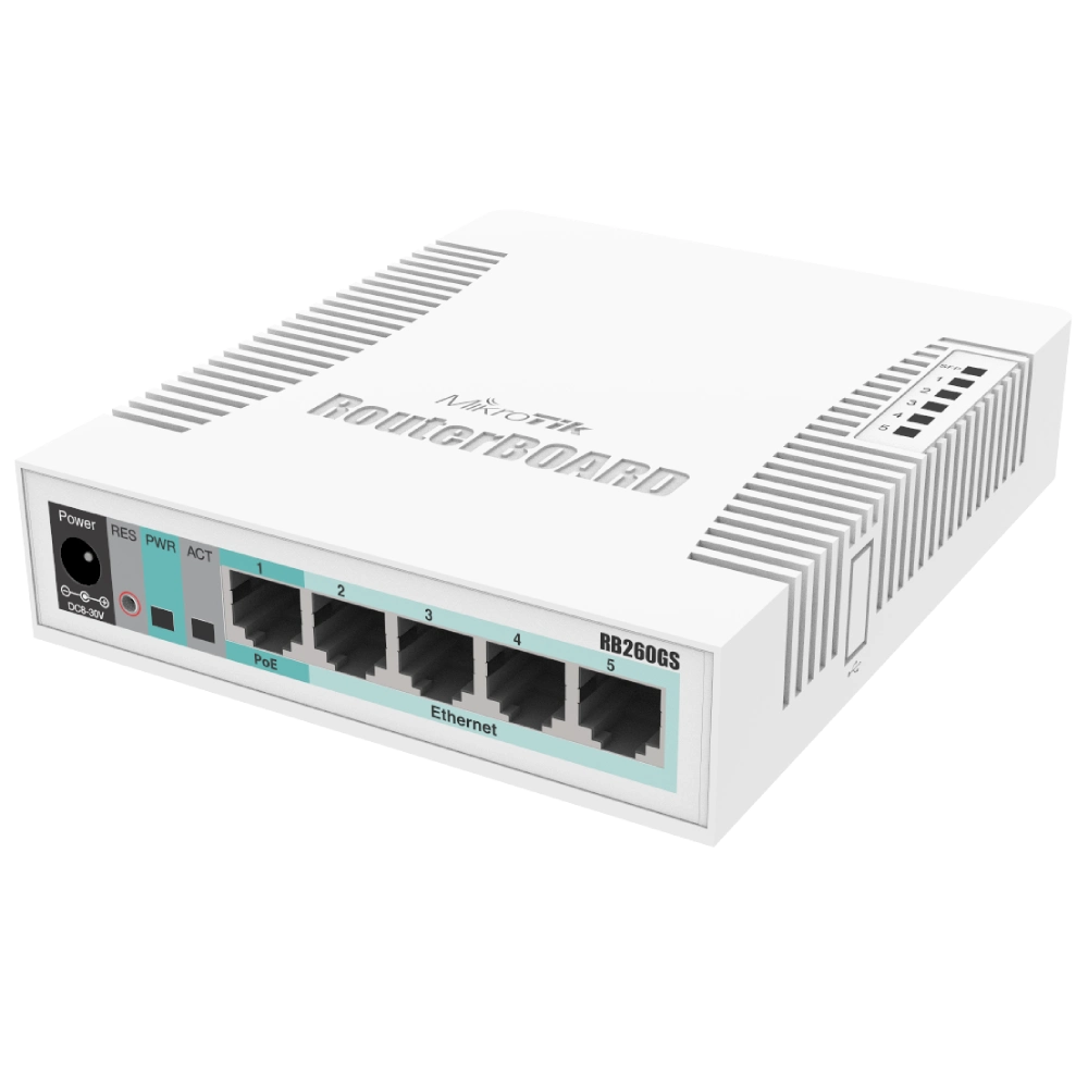 Коммутатор 5 портов управляемый MikroTik RB260GS (CSS106-5G-1S) Коммутатор 5 портов управляемый MikroTik RB260GS (CSS106-5G-1S)