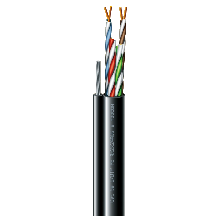 Кабель кручена пара ЗЗКМ (UTP мідь вуличний з тросом) Cat. 5e U/UTP  РЕ steel cord 4x2x24 AWG (k) трос (70910181) бухта 305м