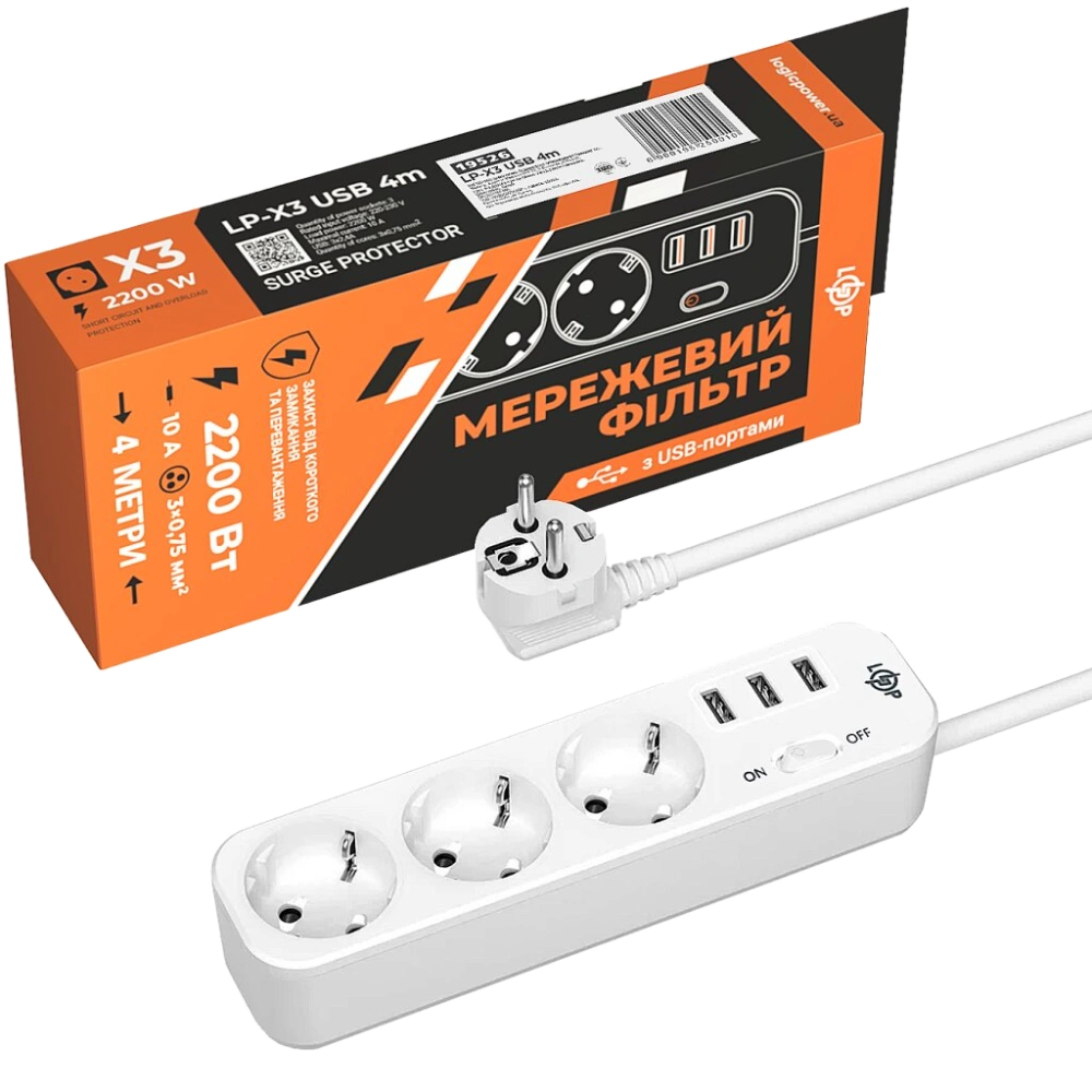 Подовжувач мережевий (фільтр) PREMIUM LP-X3-USB-4 Подовжувач мережевий (фільтр) PREMIUM LP-X3-USB-4