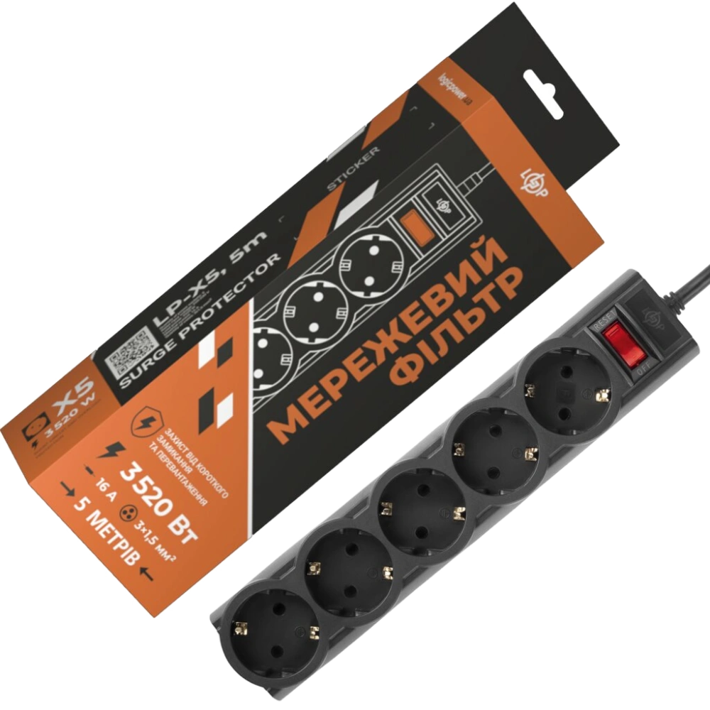 Подовжувач мережевий (фільтр) PREMIUM LP-X5-5 Black Подовжувач мережевий (фільтр) PREMIUM LP-X5-5 Black