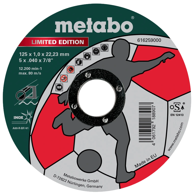 Отрезной круг по металлу 125 x 1,0 x 22,23 мм, Inox, TF 41 Metabo Limited Edition Soccer (616259000) Отрезной круг по металлу 125 x 1,0 x 22,23 мм, Inox, TF 41 Metabo Limited Edition Soccer (616259000)