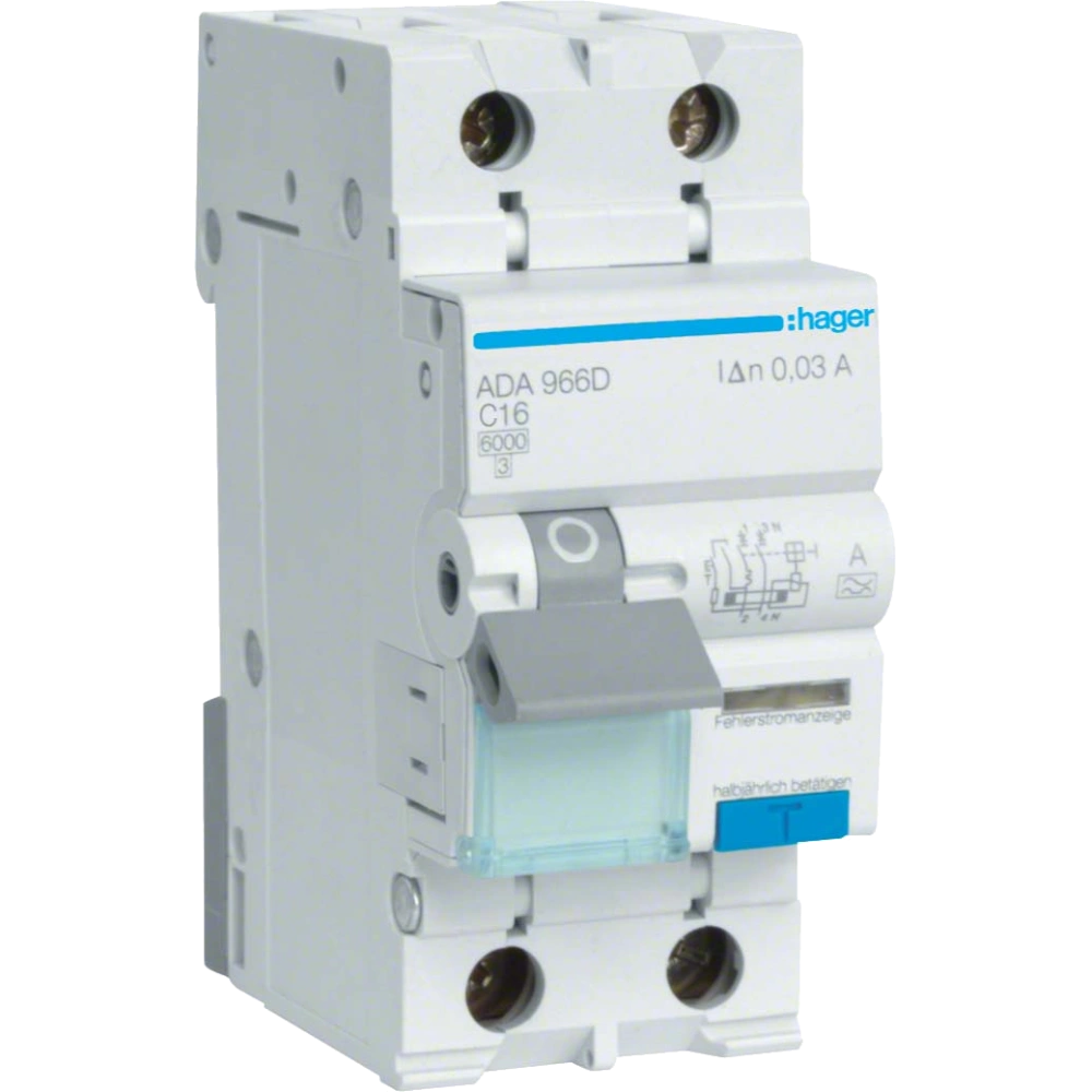 Дифавтомат 1P+N, 6kA, C-16A, 30mA, A Hager ADA966D Дифавтомат 1P+N, 6kA, C-16A, 30mA, A Hager ADA966D